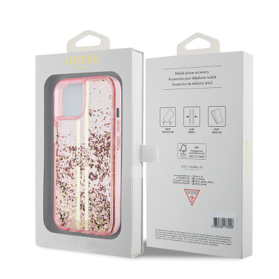 Apple iPhone 14 Case Guess Original Licensed Transparent Liquid Glitter Gold Striped Cover - 10