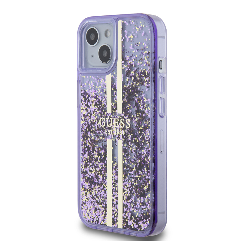 Apple iPhone 14 Case Guess Original Licensed Transparent Liquid Glitter Gold Striped Cover - 11