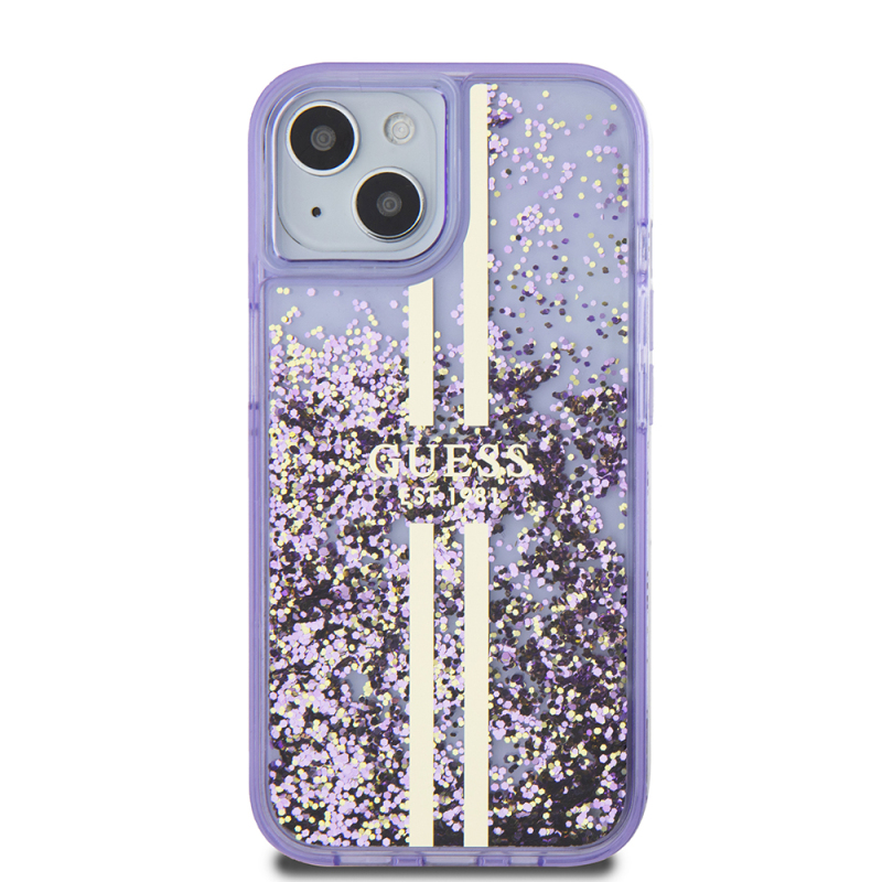 Apple iPhone 14 Case Guess Original Licensed Transparent Liquid Glitter Gold Striped Cover - 12