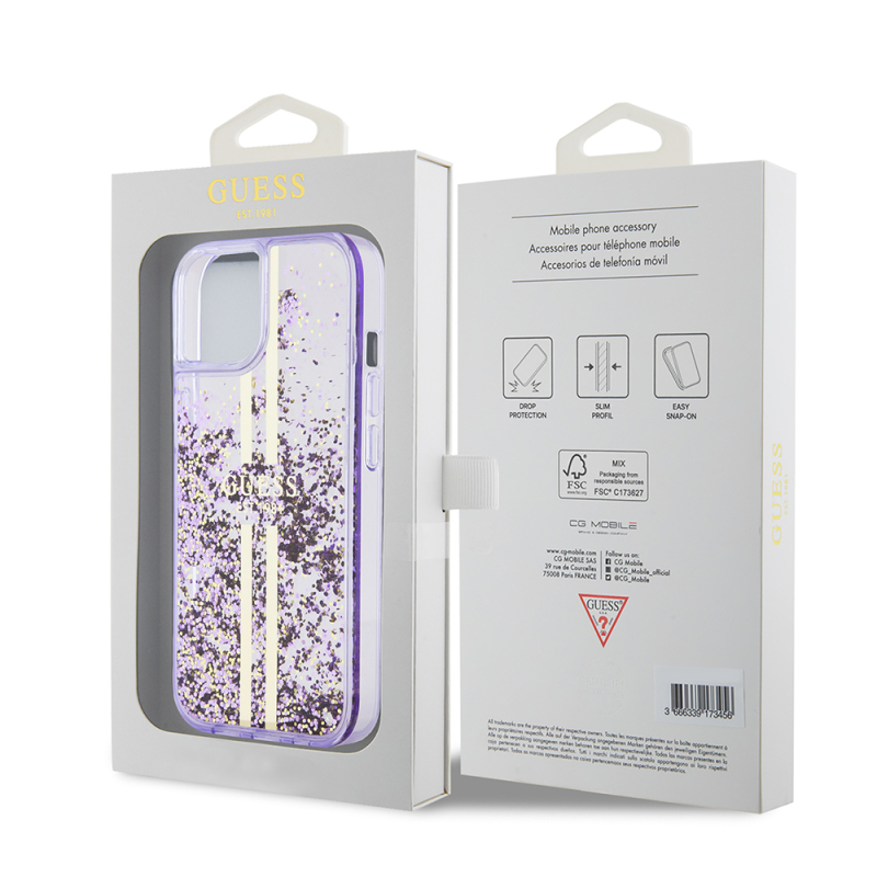 Apple iPhone 14 Case Guess Original Licensed Transparent Liquid Glitter Gold Striped Cover - 17