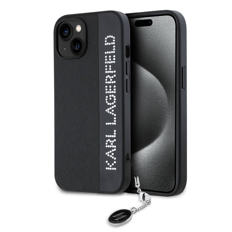 Apple iPhone 14 Case Karl Lagerfeld Original Licensed Keychain Stone KL Written Saffiano Rhinestones Cover - 1