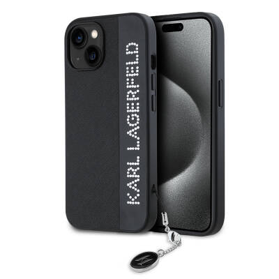 Apple iPhone 14 Case Karl Lagerfeld Original Licensed Keychain Stone KL Written Saffiano Rhinestones Cover - 13