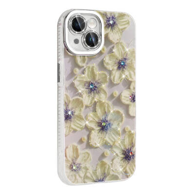 Apple iPhone 14 Kılıf Çiçek Desenli Parlak Taşlı Sert Silikon Zore Garden Kapak - 14