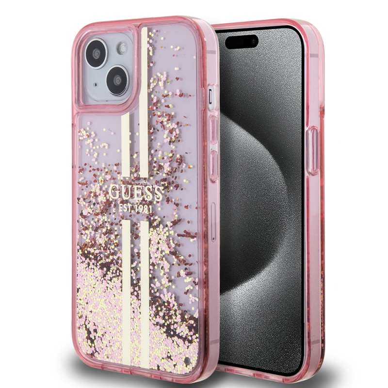 Apple iPhone 14 Kılıf Guess Orjinal Lisanslı Transparan Sıvılı Simli Altın Çizgili Kapak - 1