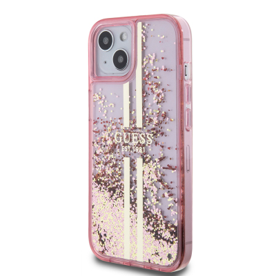 Apple iPhone 14 Kılıf Guess Orjinal Lisanslı Transparan Sıvılı Simli Altın Çizgili Kapak - 4