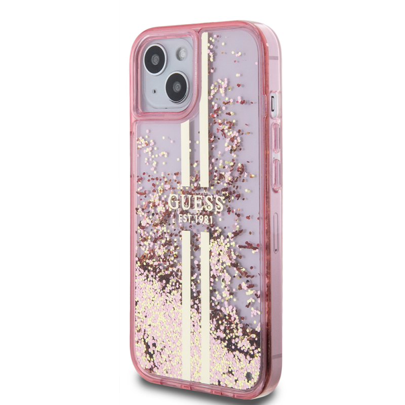 Apple iPhone 14 Kılıf Guess Orjinal Lisanslı Transparan Sıvılı Simli Altın Çizgili Kapak - 4