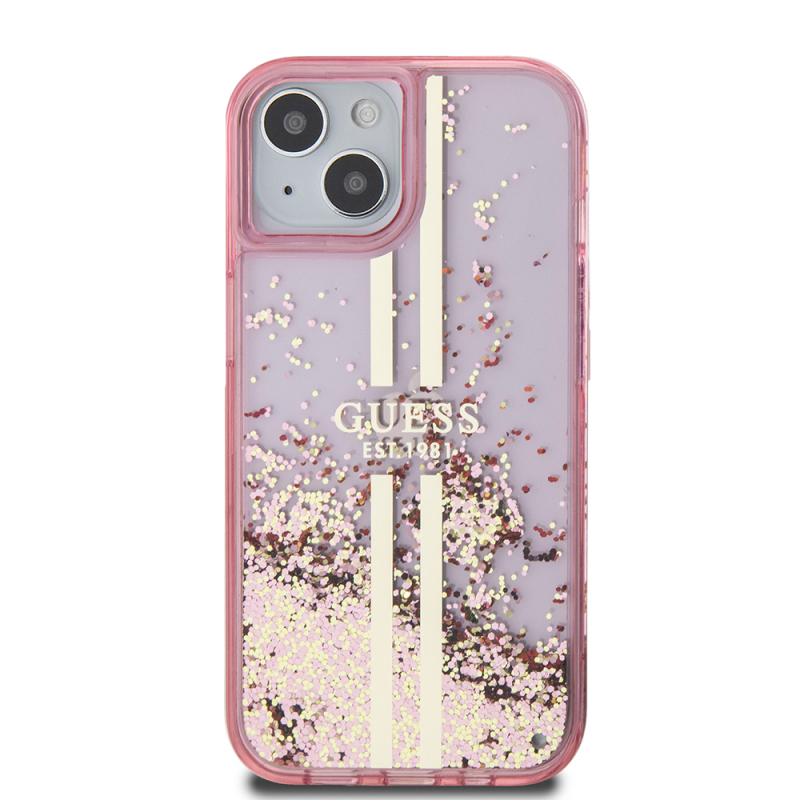 Apple iPhone 14 Kılıf Guess Orjinal Lisanslı Transparan Sıvılı Simli Altın Çizgili Kapak - 5