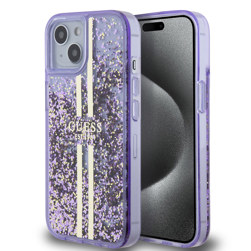 Apple iPhone 14 Kılıf Guess Orjinal Lisanslı Transparan Sıvılı Simli Altın Çizgili Kapak - 3