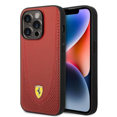 Apple iPhone 14 Pro Case Ferrari Magsafe Charging Featured Leather Perforated Stitched Design Cover - 1