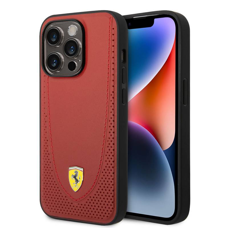 Apple iPhone 14 Pro Case Ferrari Magsafe Charging Featured Leather Perforated Stitched Design Cover - 1