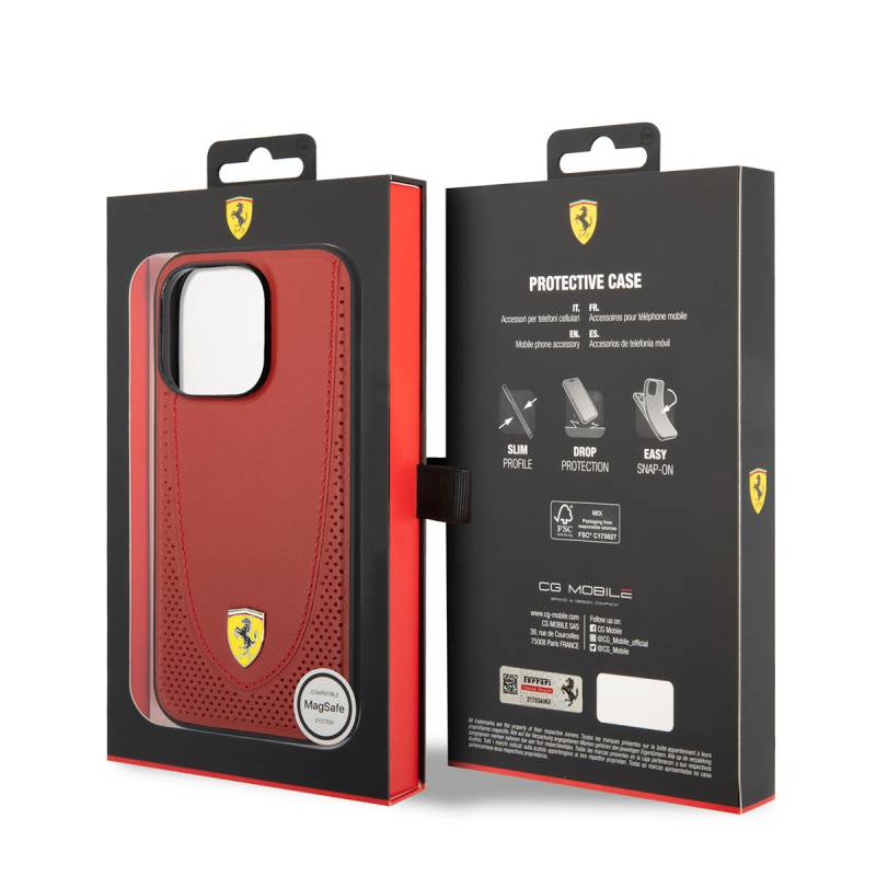 Apple iPhone 14 Pro Case Ferrari Magsafe Charging Featured Leather Perforated Stitched Design Cover - 3