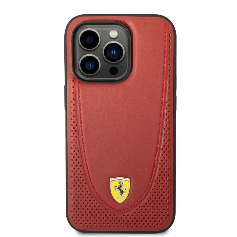 Apple iPhone 14 Pro Case Ferrari Magsafe Charging Featured Leather Perforated Stitched Design Cover - 4