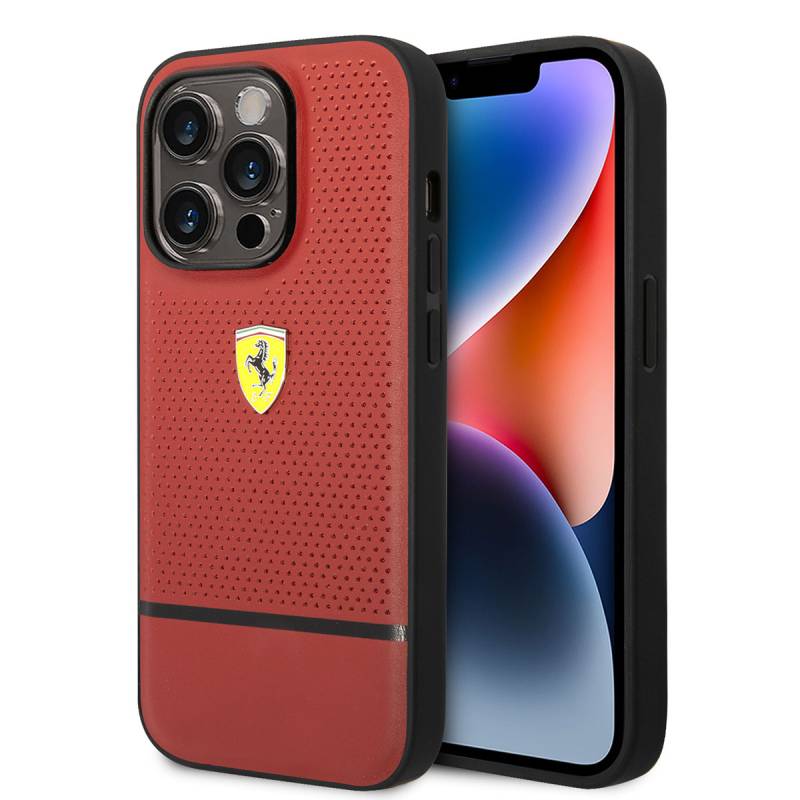 Apple iPhone 14 Pro Case Ferrari Original Licensed Leather Perforated and Striped Design Cover - 1