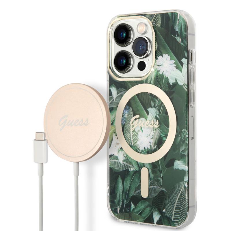 Apple iPhone 14 Pro Case GUESS Leaf Pattern Magsafe Charge Wired Cover with Magsafe Charging Feature - 1