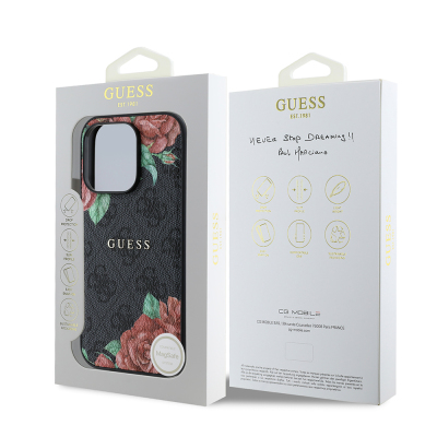 Apple iPhone 14 Pro Case Guess Original Licensed Magsafe Charging Feature Rose Printed 4G Patterned Text Logo Cover - 10