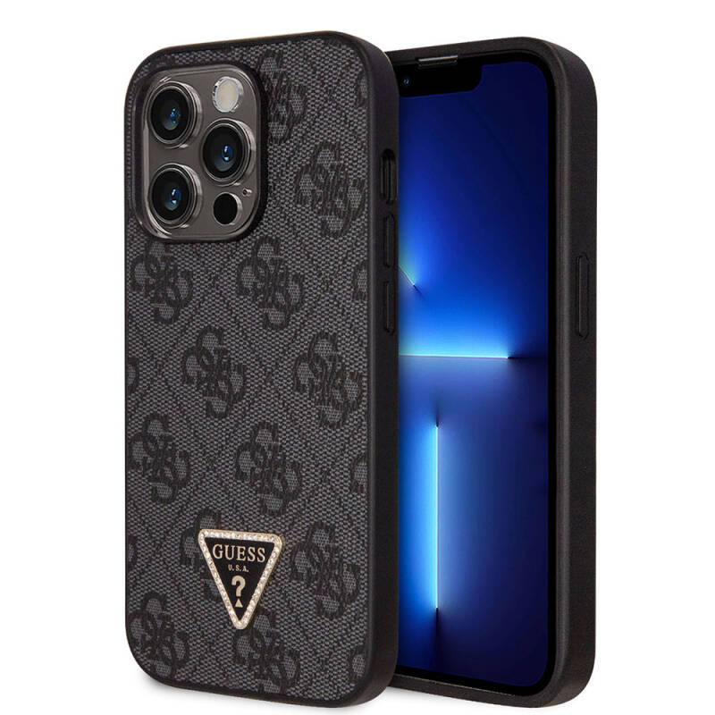 Apple iPhone 14 Pro Case Guess Original Licensed PU Leather Stoned Triangle Logo 4G Patterned Cover - 9