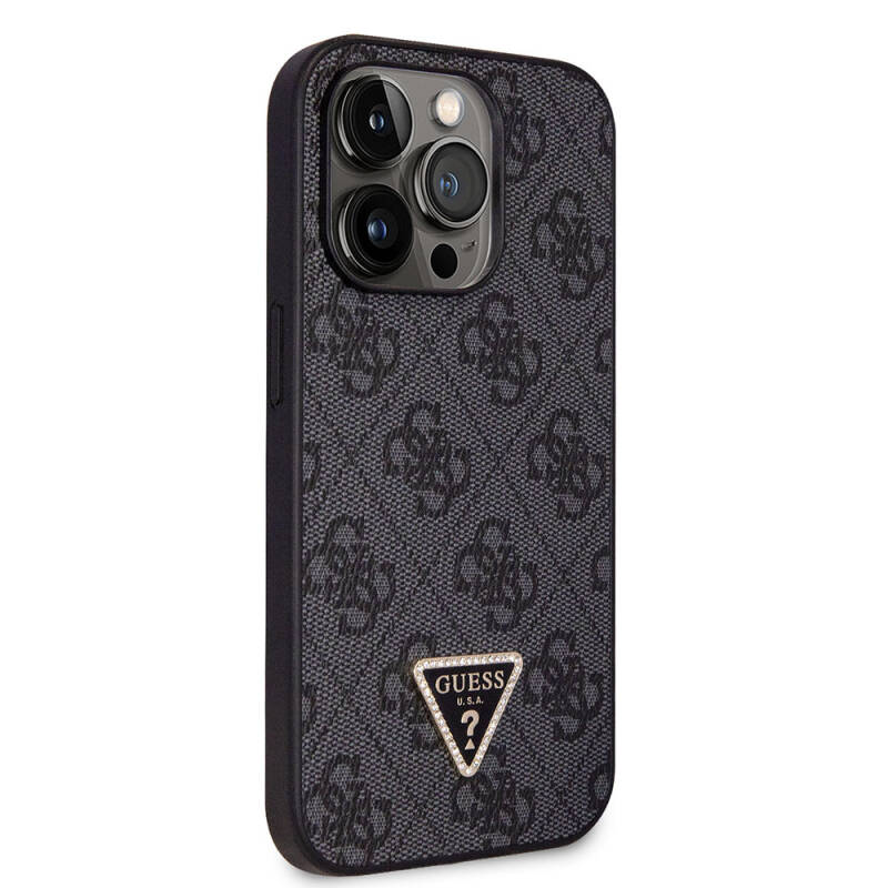 Apple iPhone 14 Pro Case Guess Original Licensed PU Leather Stoned Triangle Logo 4G Patterned Cover - 16