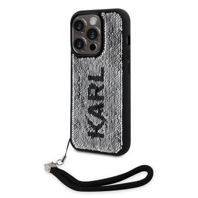 Apple iPhone 14 Pro Case Karl Lagerfeld Hand Strap Drawstring Moving Sequin Design Cover - 2