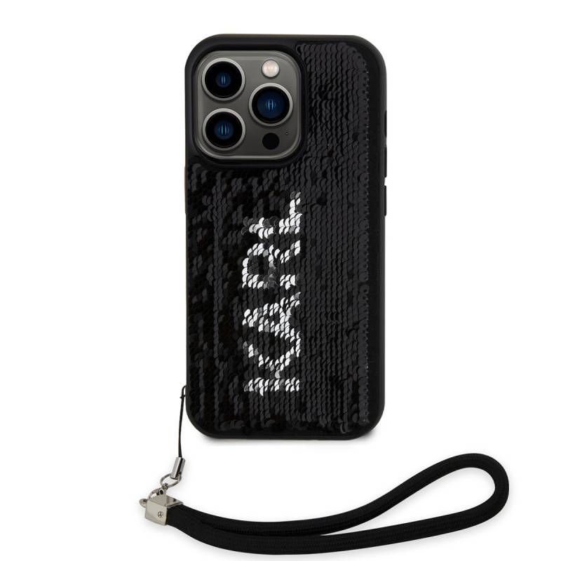 Apple iPhone 14 Pro Case Karl Lagerfeld Hand Strap Drawstring Moving Sequin Design Cover - 4