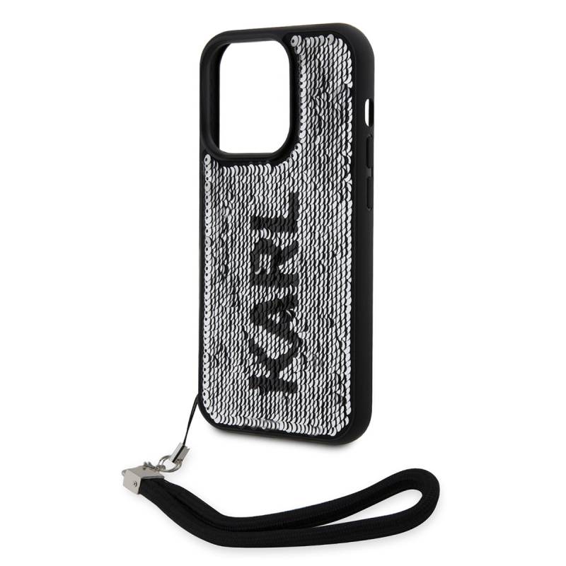 Apple iPhone 14 Pro Case Karl Lagerfeld Hand Strap Drawstring Moving Sequin Design Cover - 7