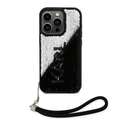 Apple iPhone 14 Pro Case Karl Lagerfeld Hand Strap Drawstring Moving Sequin Design Cover - 10