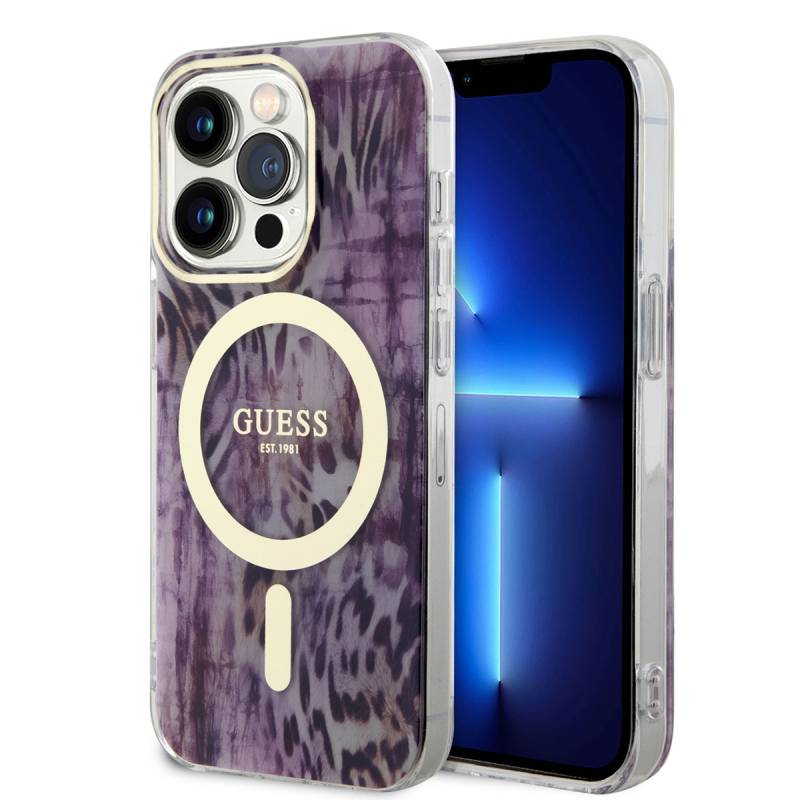 Apple iPhone 14 Pro Kılıf GUESS Magsafe Şarj Özellikli Leopar Desenli Kapak - 1