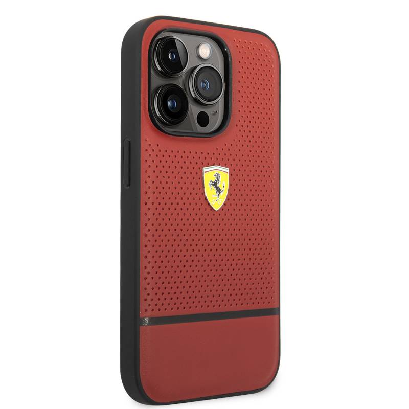 Apple iPhone 14 Pro Max Case Ferrari Original Licensed Leather Perforated and Striped Design Cover - 8