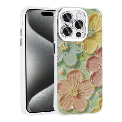 Apple iPhone 14 Pro Max Case Flower Patterned Shiny Stone Hard Silicone Zore Garden Cover - 5