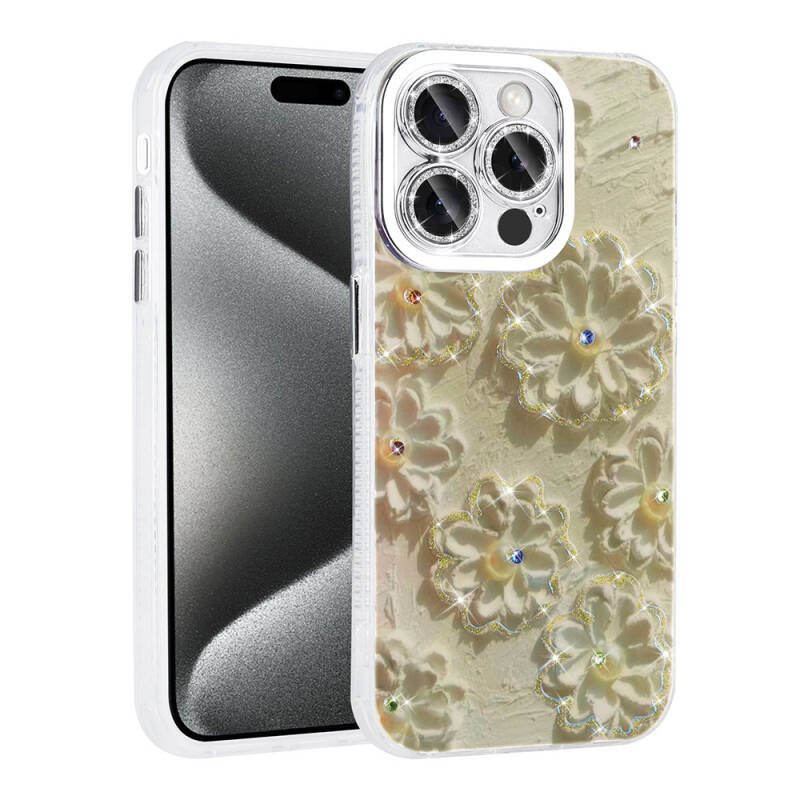 Apple iPhone 14 Pro Max Case Flower Patterned Shiny Stone Hard Silicone Zore Garden Cover - 9