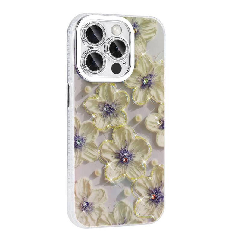 Apple iPhone 14 Pro Max Case Flower Patterned Shiny Stone Hard Silicone Zore Garden Cover - 14