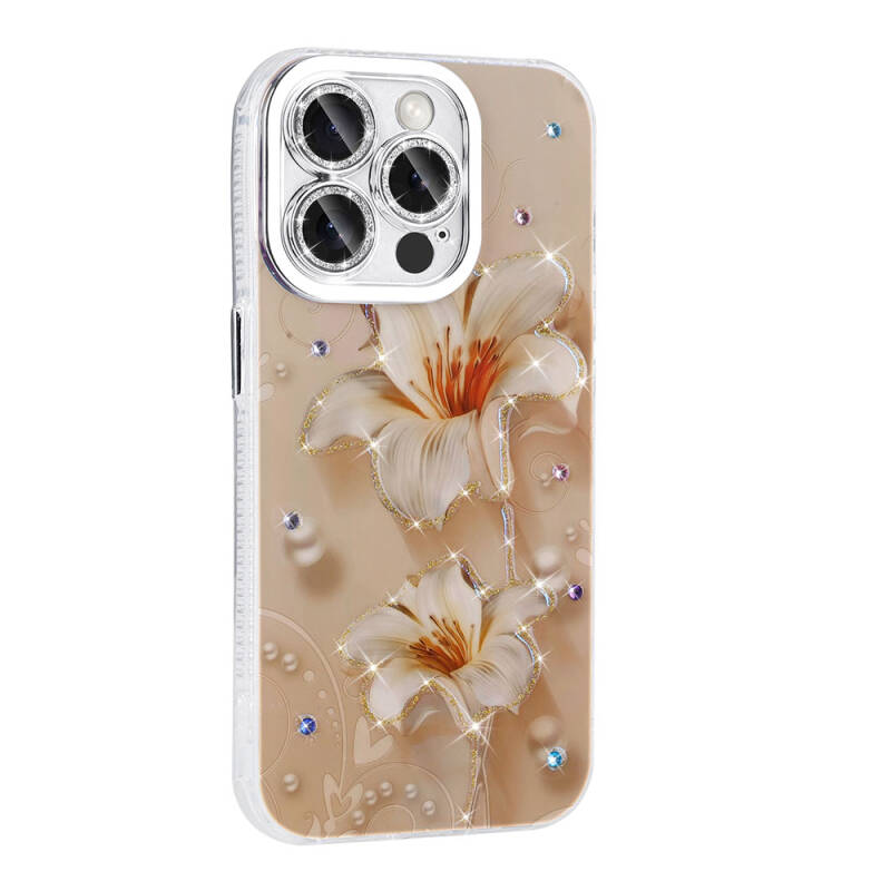 Apple iPhone 14 Pro Max Case Flower Patterned Shiny Stone Hard Silicone Zore Garden Cover - 17