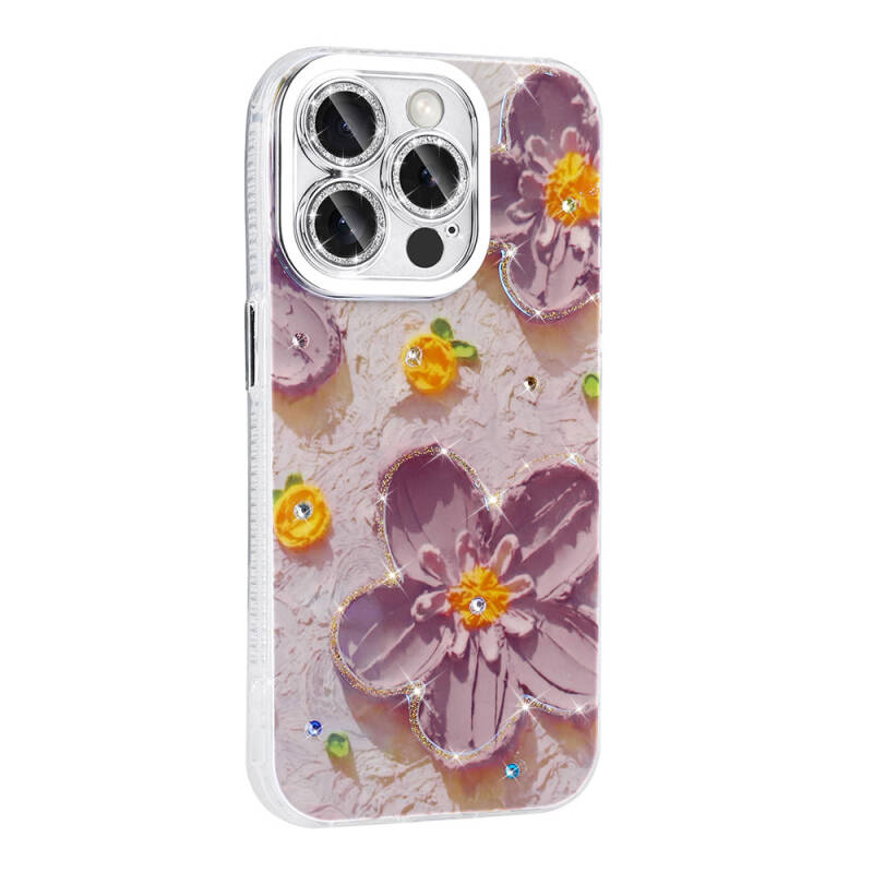 Apple iPhone 14 Pro Max Case Flower Patterned Shiny Stone Hard Silicone Zore Garden Cover - 6