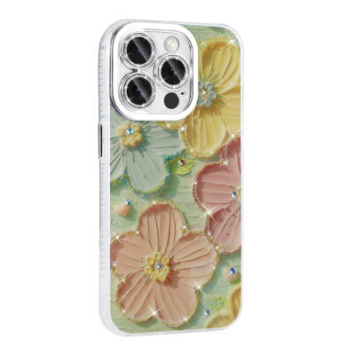 Apple iPhone 14 Pro Max Case Flower Patterned Shiny Stone Hard Silicone Zore Garden Cover - 10