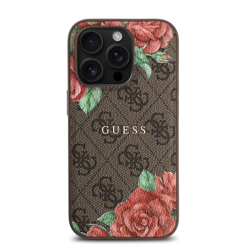 Apple iPhone 14 Pro Max Case Guess Original Licensed Magsafe Charging Feature Rose Printed 4G Patterned Text Logo Cover - 5