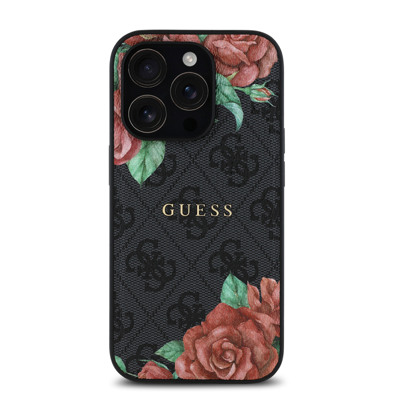Apple iPhone 14 Pro Max Case Guess Original Licensed Magsafe Charging Feature Rose Printed 4G Patterned Text Logo Cover - 12