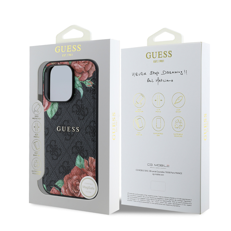 Apple iPhone 14 Pro Max Case Guess Original Licensed Magsafe Charging Feature Rose Printed 4G Patterned Text Logo Cover - 17