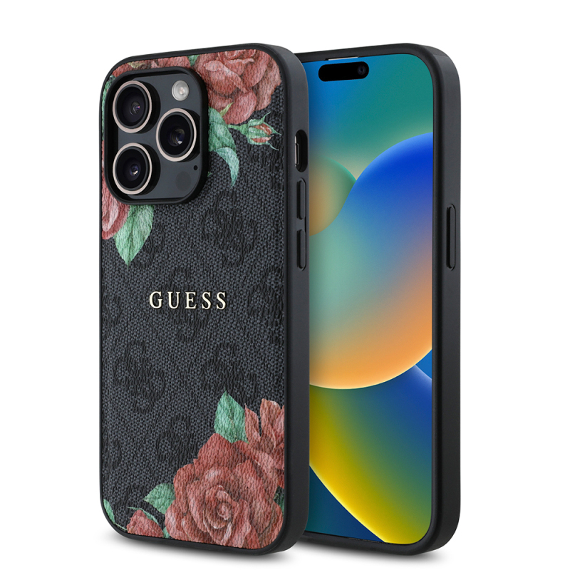 Apple iPhone 14 Pro Max Case Guess Original Licensed Magsafe Charging Feature Rose Printed 4G Patterned Text Logo Cover - 3