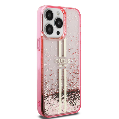 Apple iPhone 14 Pro Max Case Guess Original Licensed Transparent Liquid Glitter Gold Striped Cover - 12