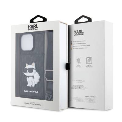 Apple iPhone 14 Pro Max Case Karl Lagerfeld Choupette Design Cover with Neck Strap Card Holder - 3