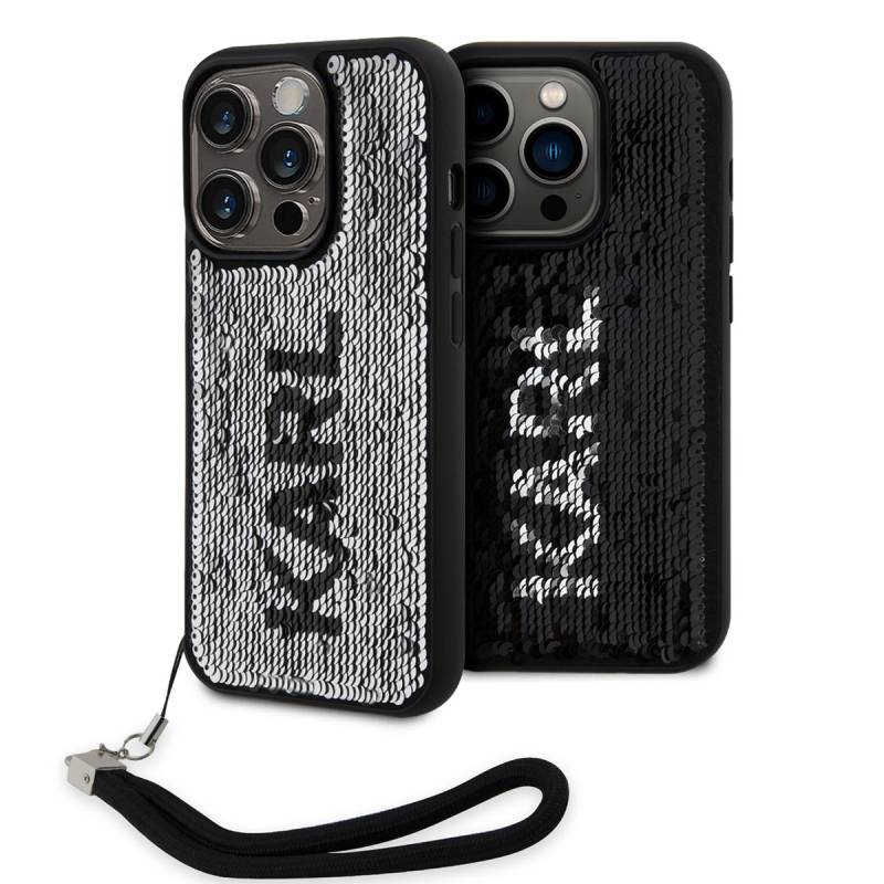 Apple iPhone 14 Pro Max Case Karl Lagerfeld Hand Strap Drawstring Moving Sequin Design Cover - 1