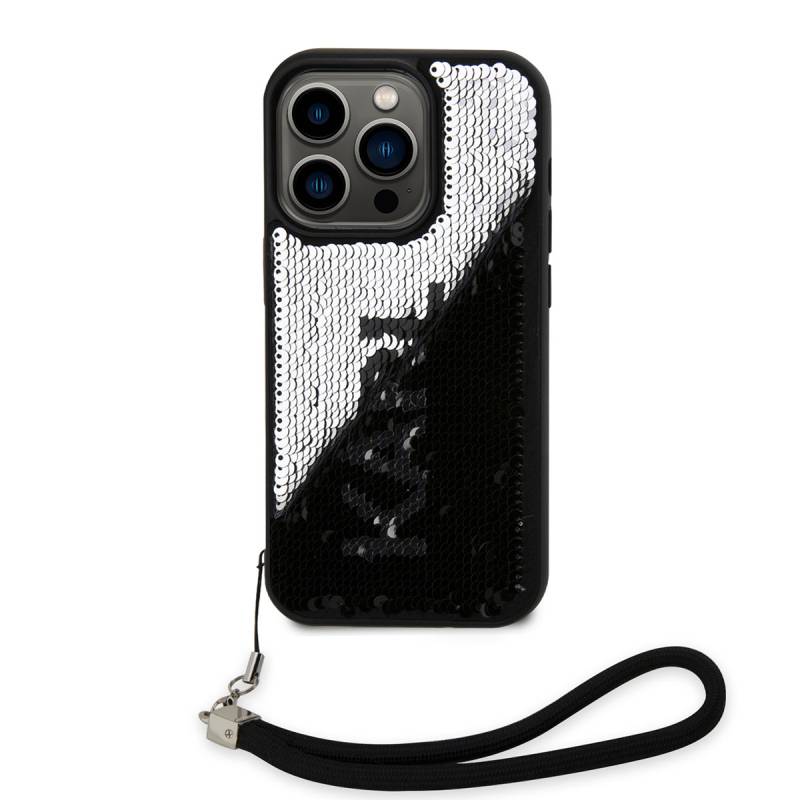 Apple iPhone 14 Pro Max Case Karl Lagerfeld Hand Strap Drawstring Moving Sequin Design Cover - 10