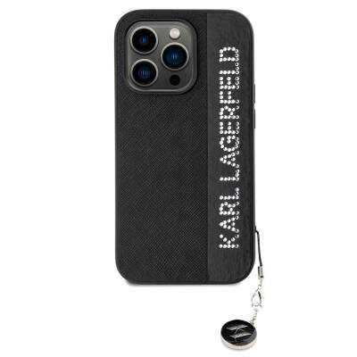 Apple iPhone 14 Pro Max Case Karl Lagerfeld Original Keychain Licensed Stone KL Written Saffiano Rhinestones Cover - 10