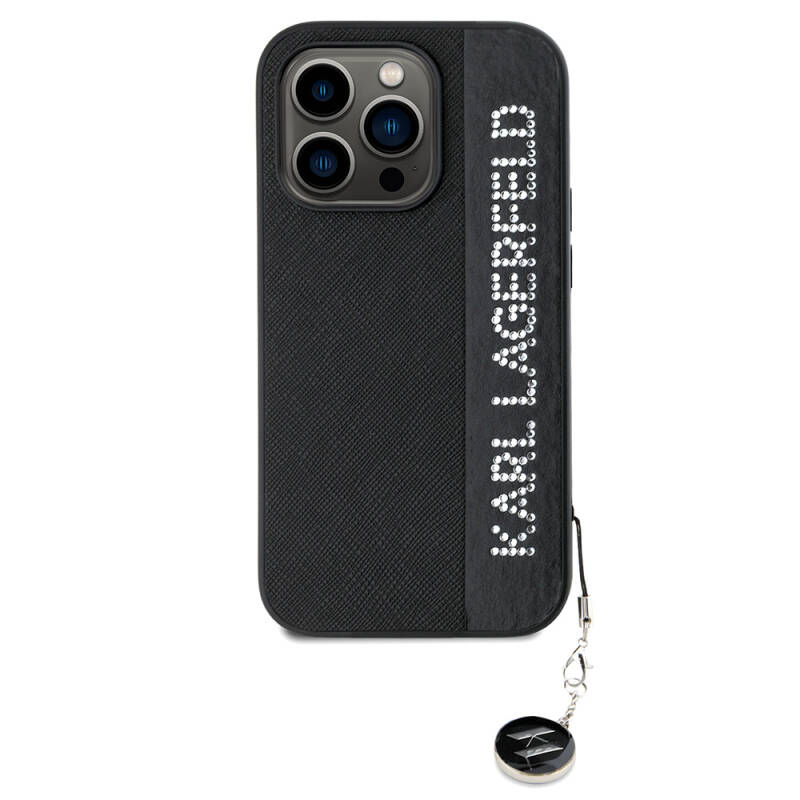 Apple iPhone 14 Pro Max Case Karl Lagerfeld Original Keychain Licensed Stone KL Written Saffiano Rhinestones Cover - 10