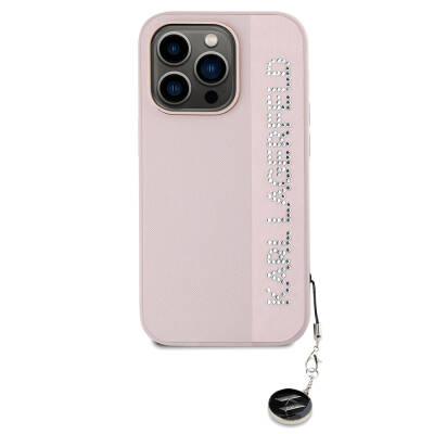 Apple iPhone 14 Pro Max Case Karl Lagerfeld Original Keychain Licensed Stone KL Written Saffiano Rhinestones Cover - 13