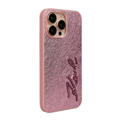 Apple iPhone 14 Pro Max Case Karl Lagerfeld Original Licensed 3D KL Written Furry Back Surface Saffiano Rhinestones Cover - 12