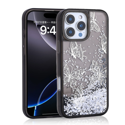 Apple iPhone 14 Pro Max Case Liquid Glitter Butterfly Printed Transparent Back Surface Zore Glis Silicone Cover - 2