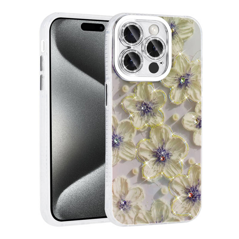 Apple iPhone 14 Pro Max Kılıf Çiçek Desenli Parlak Taşlı Sert Silikon Zore Garden Kapak - 2