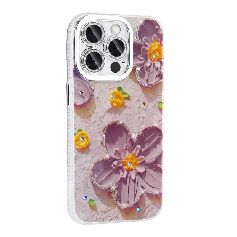 Apple iPhone 14 Pro Max Kılıf Çiçek Desenli Parlak Taşlı Sert Silikon Zore Garden Kapak - 6