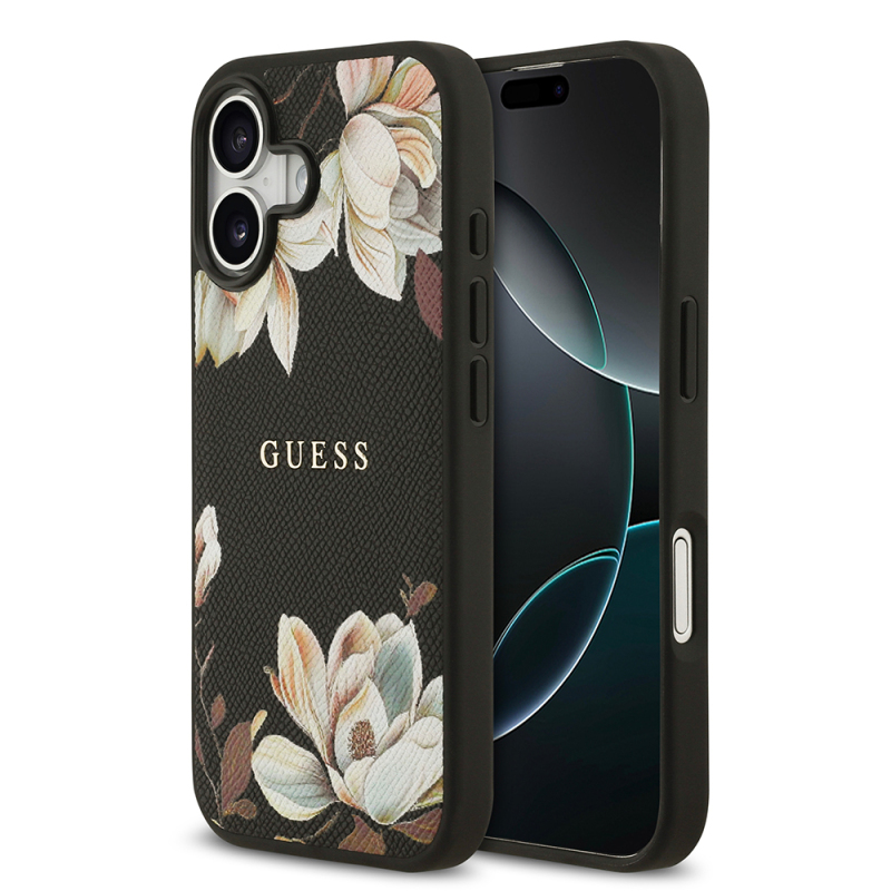 Apple iPhone 17 Kılıf Guess Orjinal Lisanslı M-safe Şarj Özellikli Taneli Çiçek Tasarımlı Metal Yazı Logolu Kapak - 1