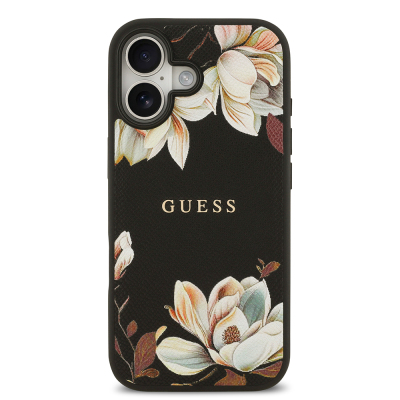 Apple iPhone 17 Kılıf Guess Orjinal Lisanslı M-safe Şarj Özellikli Taneli Çiçek Tasarımlı Metal Yazı Logolu Kapak - 5